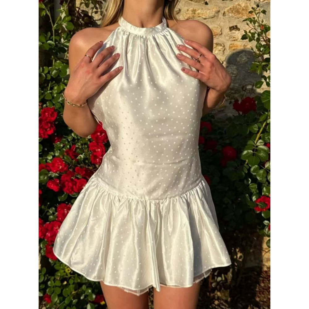 Zara Summer Stand Collar Sleeveless Off Shoulder Polka Dot Slim Fit Halter Dress
